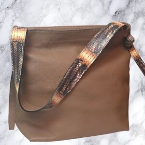 Dimoni Spain Leather Crossbody Bag Brown Pebbled Leather Snakeskin Strap Artisan